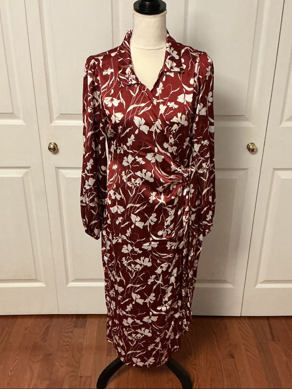 Long Sleeve Burgundy Floral Wrap-Style Midi Dress